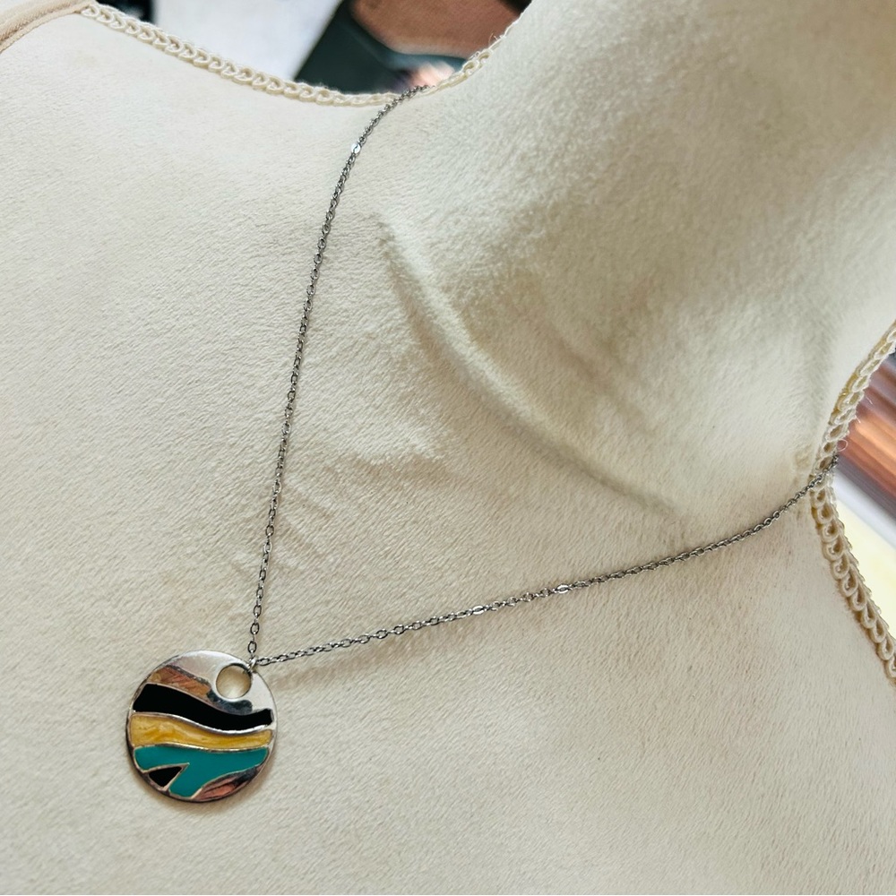 Handcrafted repurpose enamel swirl vintage pendant on chain necklace